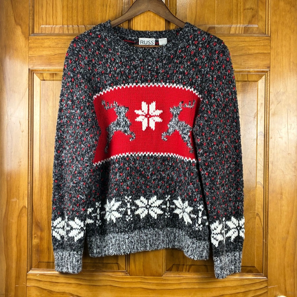 Vintage Russ Christmas Reindeer Snowflake Sweater XL Fair Isle Black Red Knit